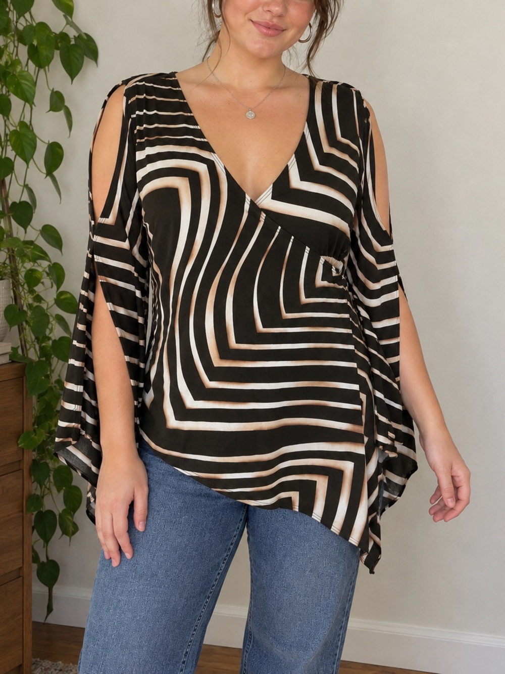 Vintage Y2K Olive Green & Cream Geometric V Neck Flare Sleeve Blouse Whimsigoth